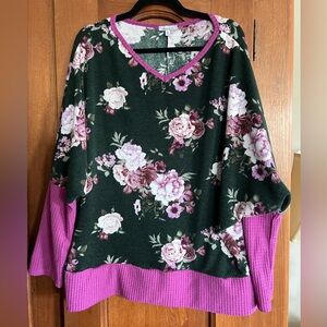 White Birch Floral V-Neck Sweater in Purple and Green